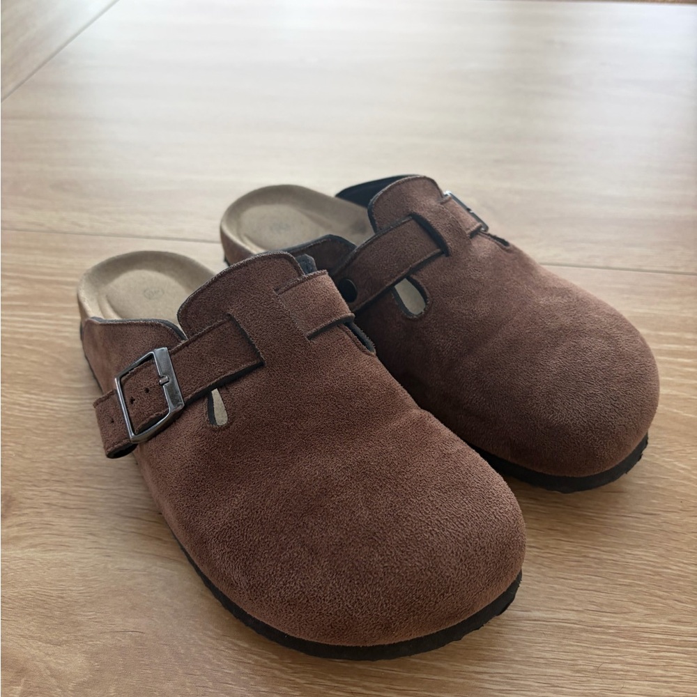 Suede Slip-On Clog with Buckle in Brown
